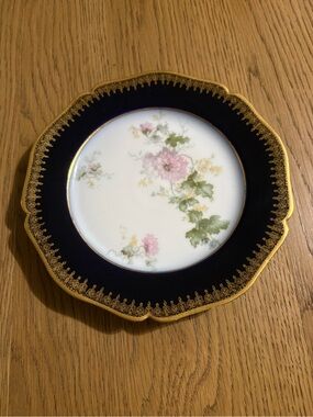 Limoges Cobalt and Gold Trim Dessert Plate with Pink Floral Motif